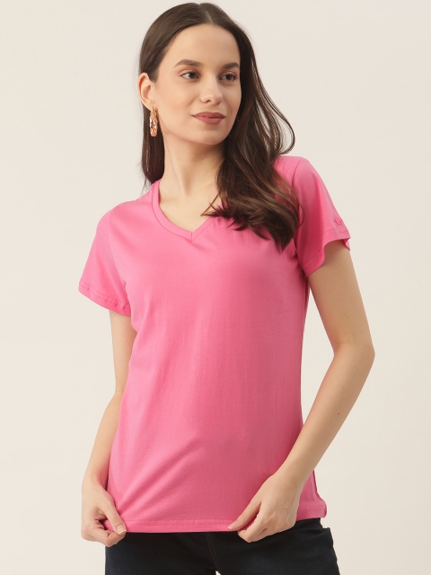 

PRINTOCTOPUS Women Pink Cotton Solid V-Neck T-shirt