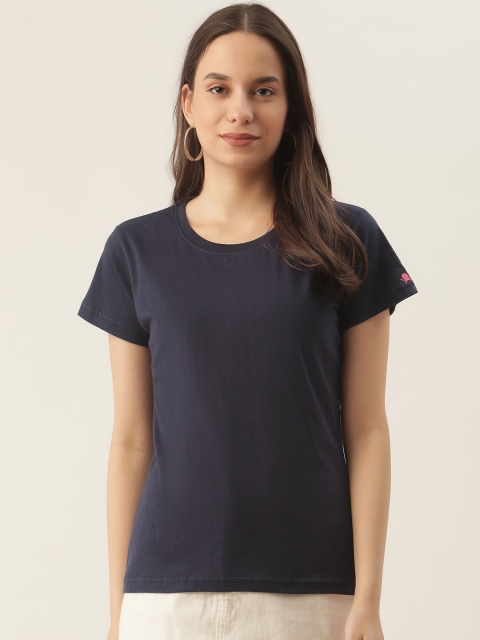 

PRINTOCTOPUS Women Navy Blue Cotton Round Neck T-shirt