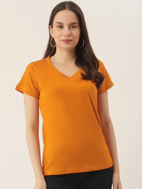 

PRINTOCTOPUS Women Mustard Orange Solid Cotton T-shirt
