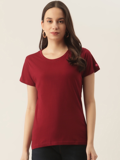 

PRINTOCTOPUS Women Maroon Solid Cotton T-shirt