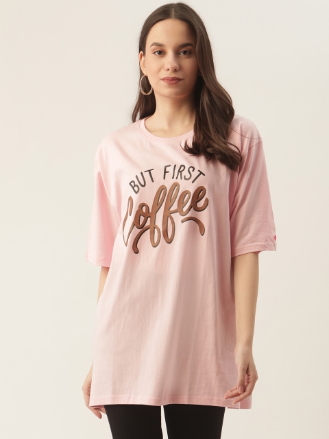 

PRINTOCTOPUS Women Pink & Coffee Brown Typography Printed Cotton T-shirt