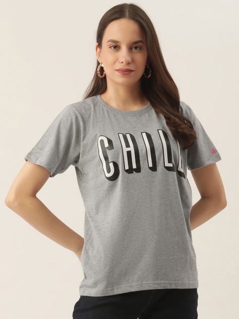 

PRINTOCTOPUS Women Grey Melange & White Typography Print Cotton T-shirt