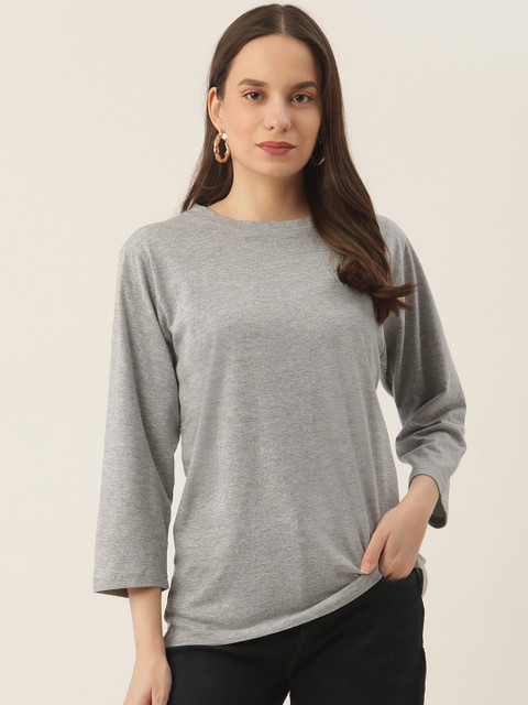 

PRINTOCTOPUS Women Grey Melange Solid Cotton T-shirt