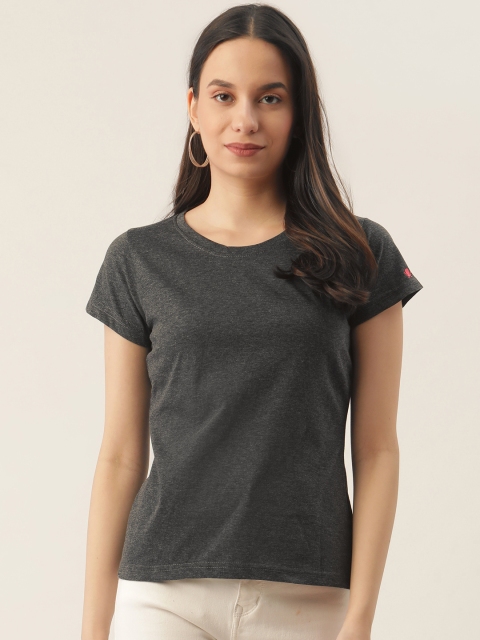 

PRINTOCTOPUS Women Charcoal Grey Solid Cotton T-shirt with Melange Effect