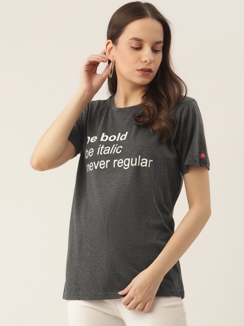 

PRINTOCTOPUS Women Charcoal Grey & White Typography Print Cotton T-shirt