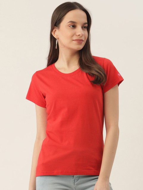 

PRINTOCTOPUS Women Red Solid Cotton T-shirt