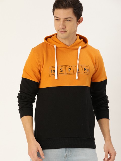 

Campus Sutra Men Mustard Yellow & Black Colourblocked Hooded Sweatshirt