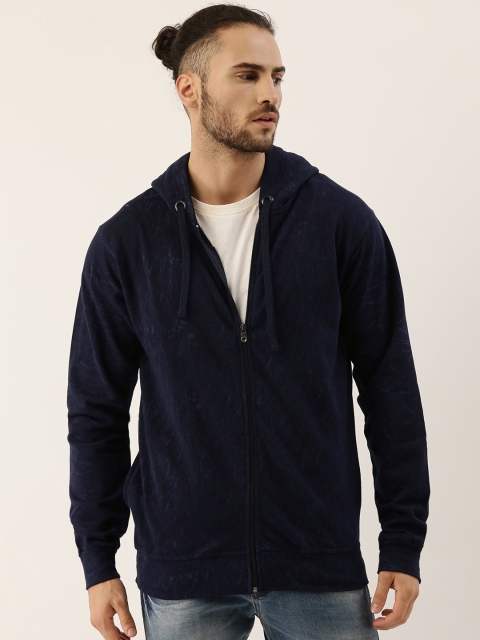 

Campus Sutra Men Navy Blue Washed Pure Cotton Hooded Sweatshirt