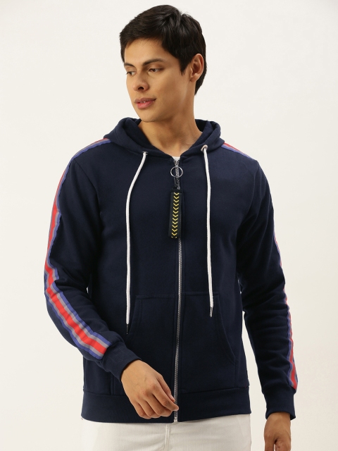 

Campus Sutra Men Navy Blue Side Striped Hooded Sweatshirt