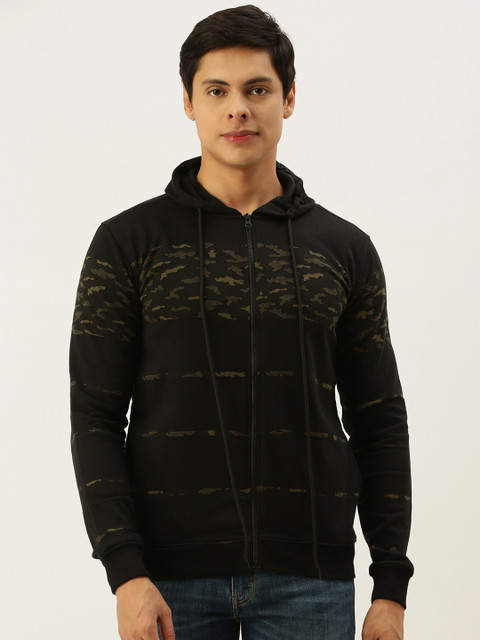 

Campus Sutra Men Black & Olive Green Printed Hooded Sweatshirt