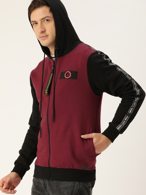 

Campus Sutra Men Maroon Contrast Sleeves & Hood Sweatshirt