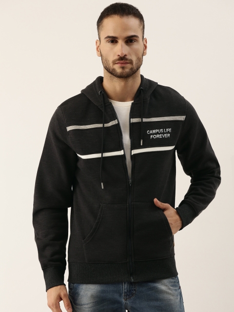 

Campus Sutra Men Black & White Striped Pure Cotton Hooded Sweatshirt