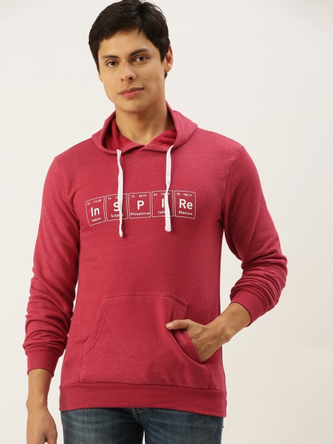 

Campus Sutra Men Coral Red Printed Hooded Sweatshirt