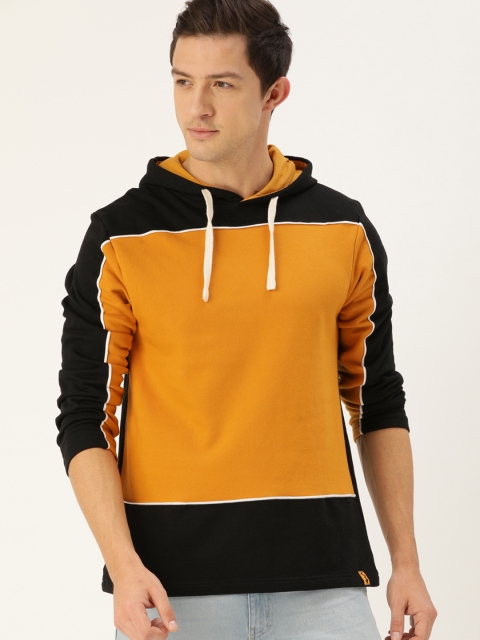 

Campus Sutra Men Mustard Yellow & Black Colourblocked Hooded Sweatshirt