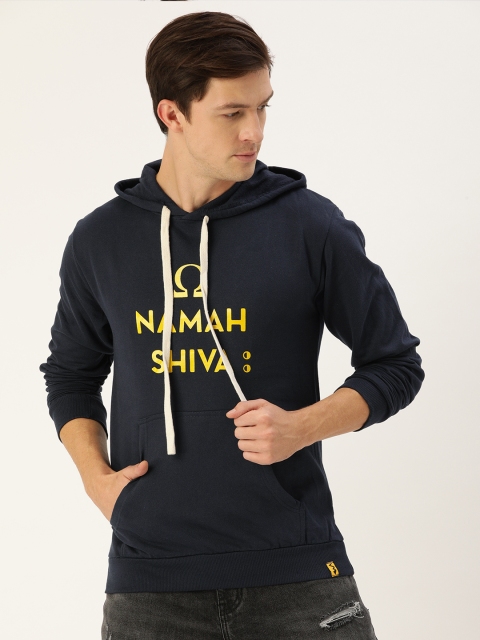 

Campus Sutra Men Navy Blue & Yellow Pure Cotton Printed Hooded Sweatshirt