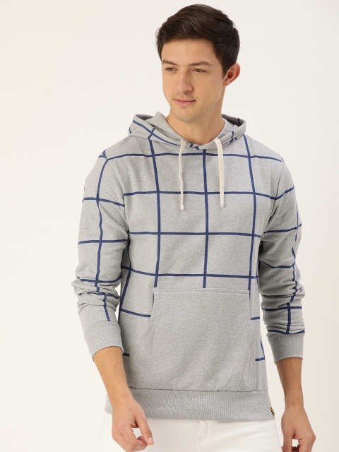 

Campus Sutra Men Grey & Blue Checked Hooded Sweatshirt