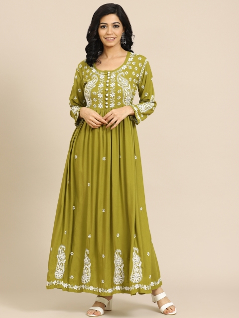 

Saadgi Women Olive Green Ethnic Motifs Embroidered Chikankari Anarkali Kurta