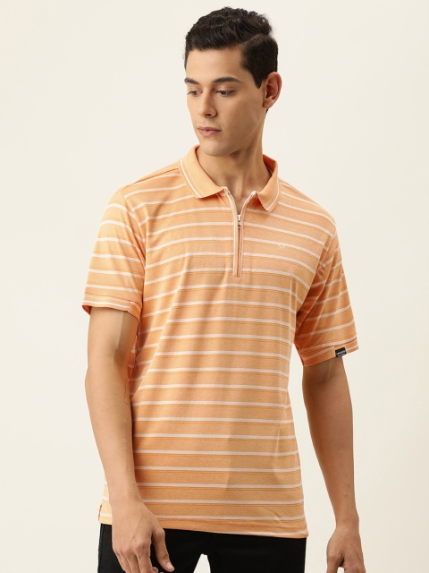 

Campus Sutra Men Orange & White Striped Polo Collar T-shirt