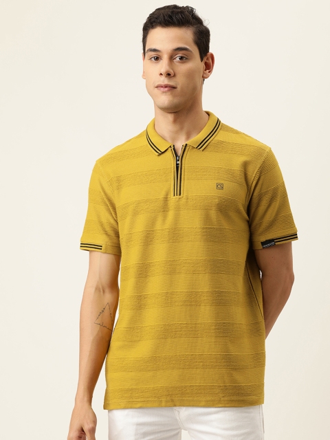 

Campus Sutra Men Mustard Yellow Self Striped Polo Collar T-shirt