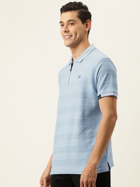 

Campus Sutra Men Blue Striped Polo Collar T-shirt