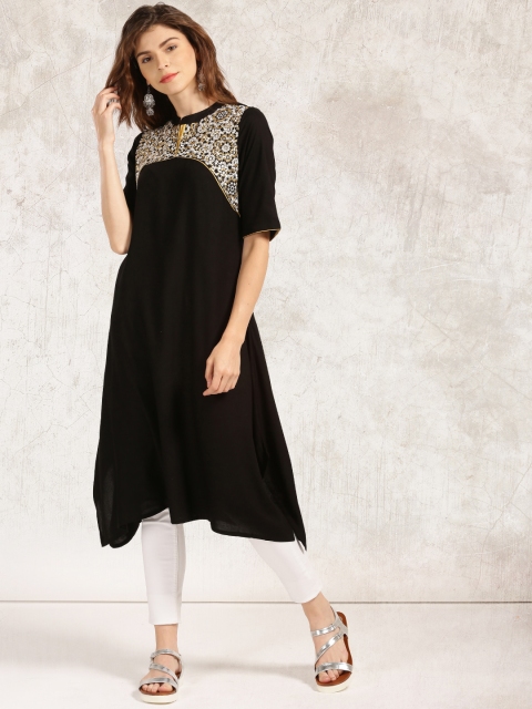 

Anouk Women Black Embroidered Yoke Design Asymmetric A-Line Kurta
