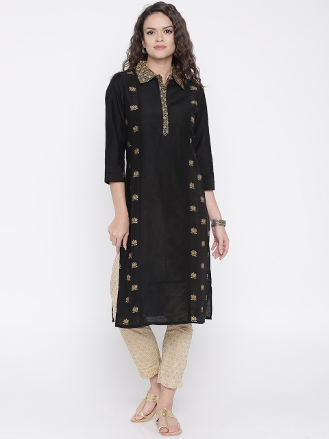 

Anouk Women Black & Gold-Toned Printed A-Line Kurta