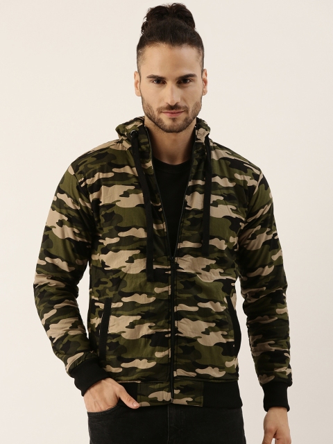 

Campus Sutra Men Olive Green & Beige Camouflage Windcheater Hooded Bomber Jacket