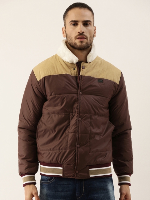 

Campus Sutra Men Coffee Brown & Beige Colourblocked Windcheater Padded Bomber Jacket