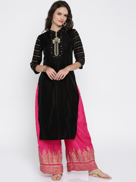 

Anouk Women Black & Gold-Toned Yoke Design Embroidered Straight Kurta
