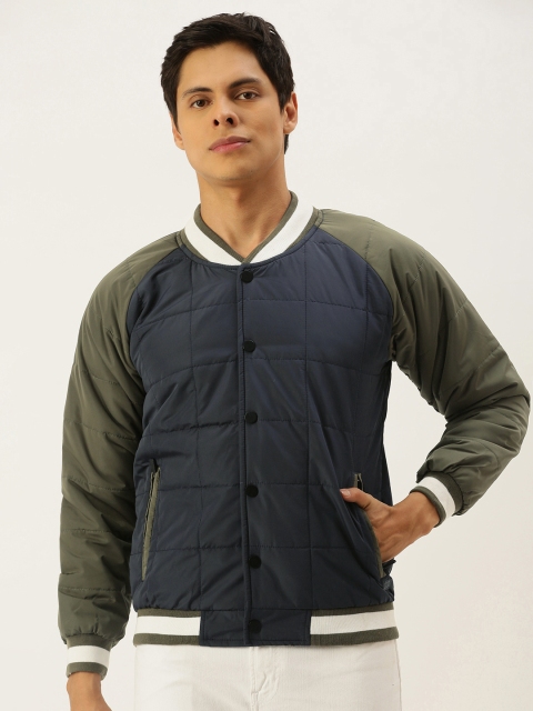 

Campus Sutra Men Blue & Olive Colourblocked Windcheater Bomber Jacket