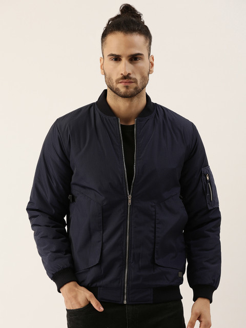 

Campus Sutra Men Navy Blue Micro Checked Windcheater Bomber Jacket