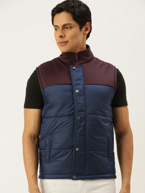 

Campus Sutra Men Navy Blue & Purple Colourblocked Windcheater Outdoor Bomber Jacket