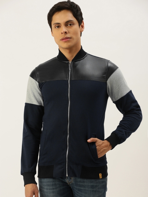 

Campus Sutra Men Navy Blue Black Colourblocked Windcheater Bomber Jacket