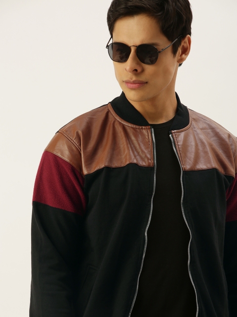 

Campus Sutra Men Black & Brown Colourblocked Windcheater Biker Jacket