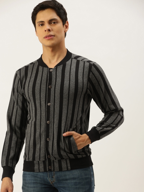 

Campus Sutra Men Charcoal Grey & Black Striped Bomber Jacket