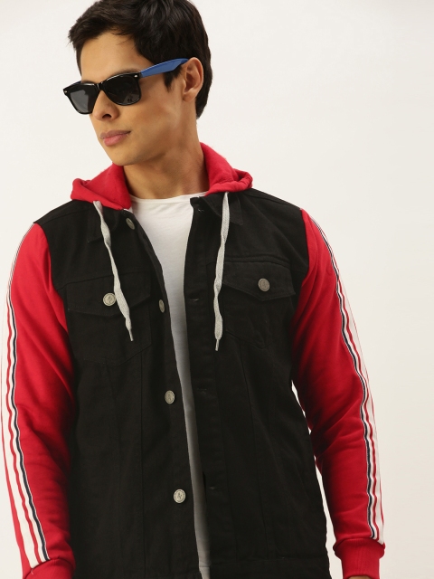 

Campus Sutra Men Black & Red Colourblocked Windcheater Denim Jacket