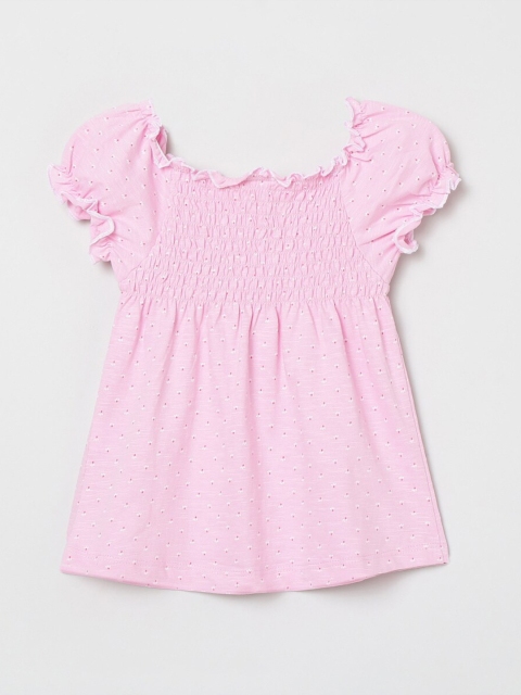 

max Girls Pink Printed Smocked Pure Cotton Empire Top