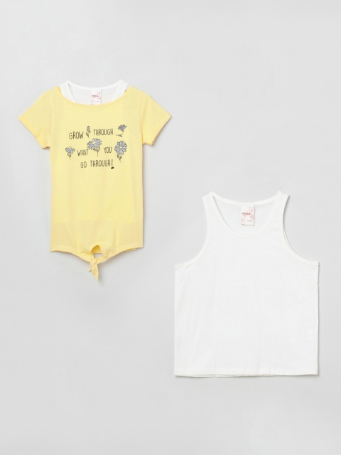 

max Girls Yellow Typography Printed Front Knot Pure Cotton Top With White Tank Top
