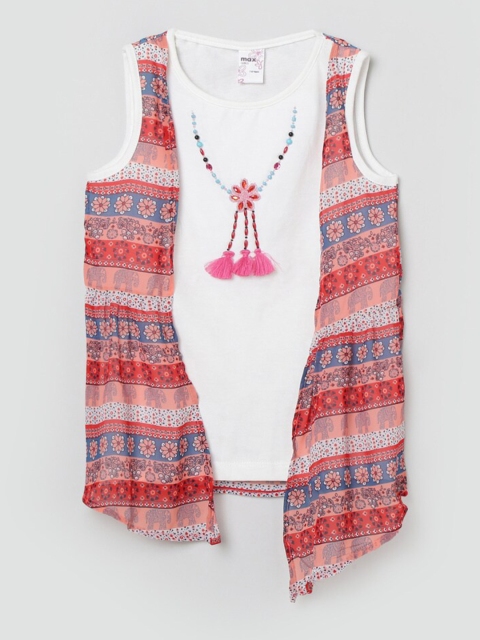 

max Girls Cream and Coral Ethnic Motif Printed Regular Top