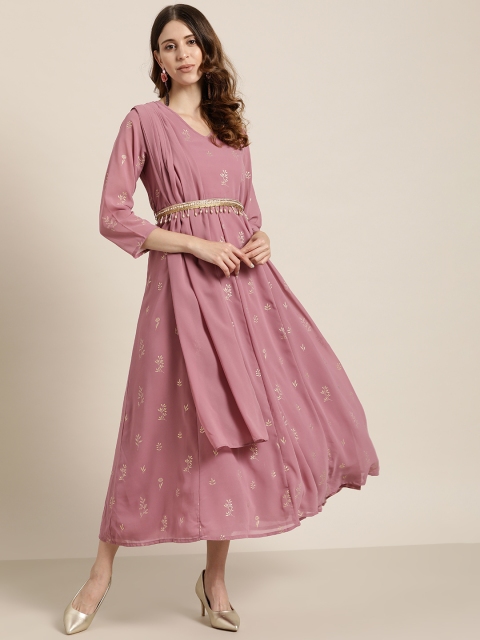 

Juniper Dusty Pink & Golden Ethnic Motifs Print Maxi Dress with Attached Dupatta & Belt