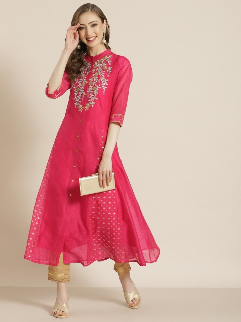 

Juniper Women Fuchsia & Golden Ethnic Motifs Embroidered Chanderi Kurta