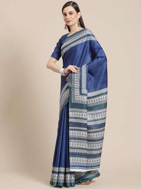 

Mameraa Blue & White Printed Poly Silk Saree