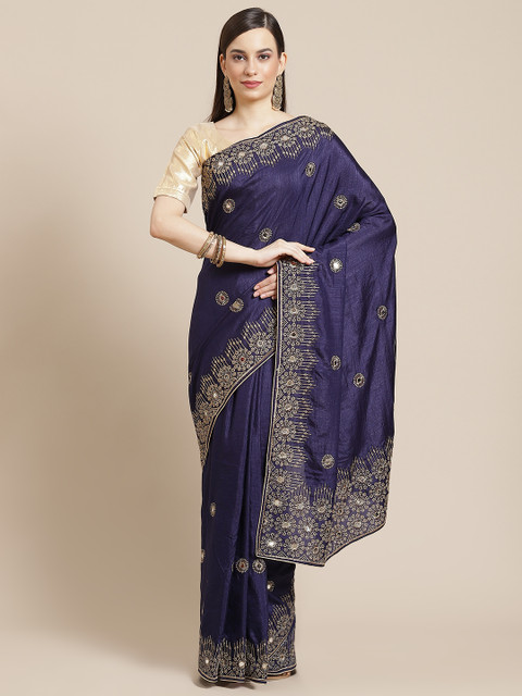 

Mameraa Blue & Gold Ethnic Motifs Mirror Work Silk Blend Saree