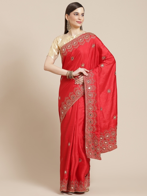 

Mameraa Red & Gold Ethnic Motifs Mirror Work Silk Blend Saree