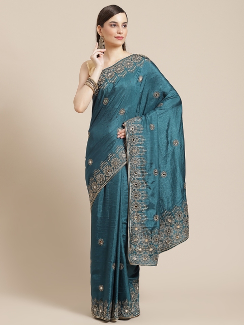 

Mameraa Teal Blue & Gold Ethnic Motifs Mirror Work Silk Blend Saree