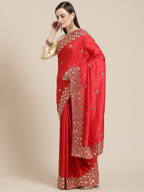 

Mameraa Red & Gold Ethnic Motifs Mirror Work Silk Blend Saree