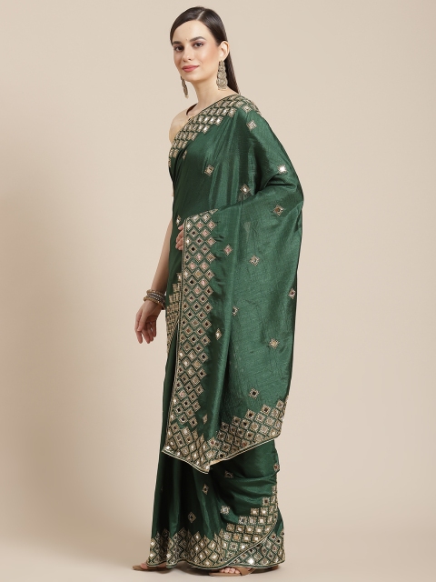 

Mameraa Green & Gold Ethnic Motifs Mirror Work Silk Blend Saree