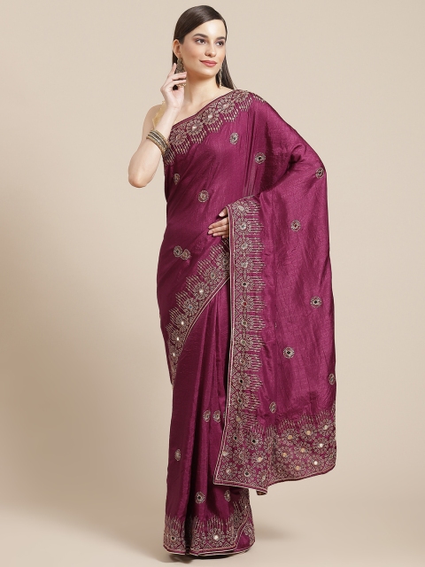 

Mameraa Burgundy & Gold Ethnic Motifs Mirror Work Silk Blend Saree