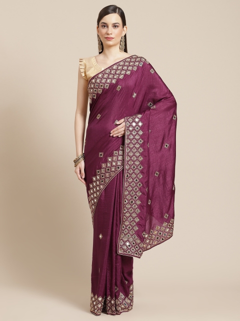 

Mameraa Burgundy & Gold Ethnic Motifs Mirror Work Silk Blend Saree