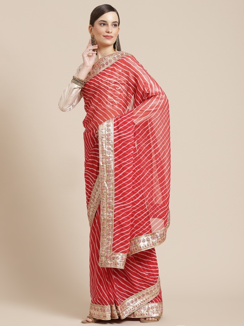 

Mameraa Red & Gold Leheriya Sequinned Pure Georgette Leheriya Saree